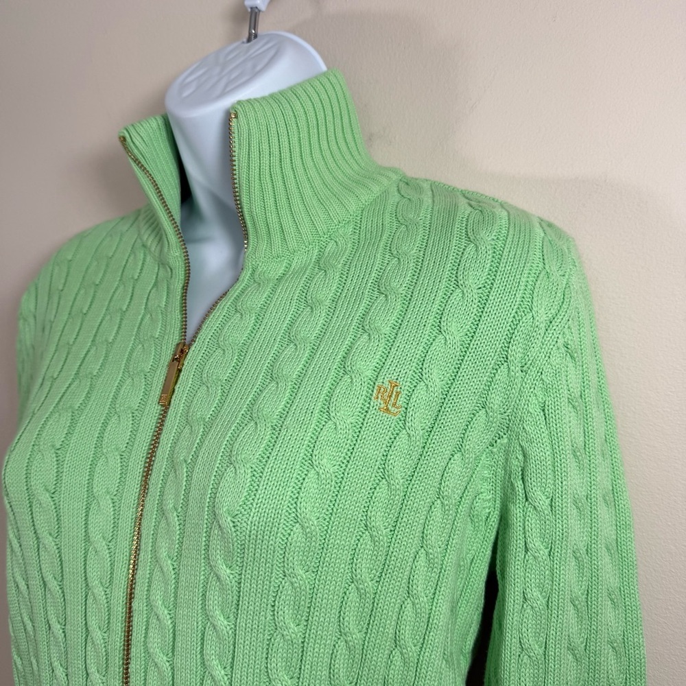 NWOT Lauren Ralph Lauren Y2K Women’s Green Cable Knit Sweater Full Zip M - Picture 8 of 10